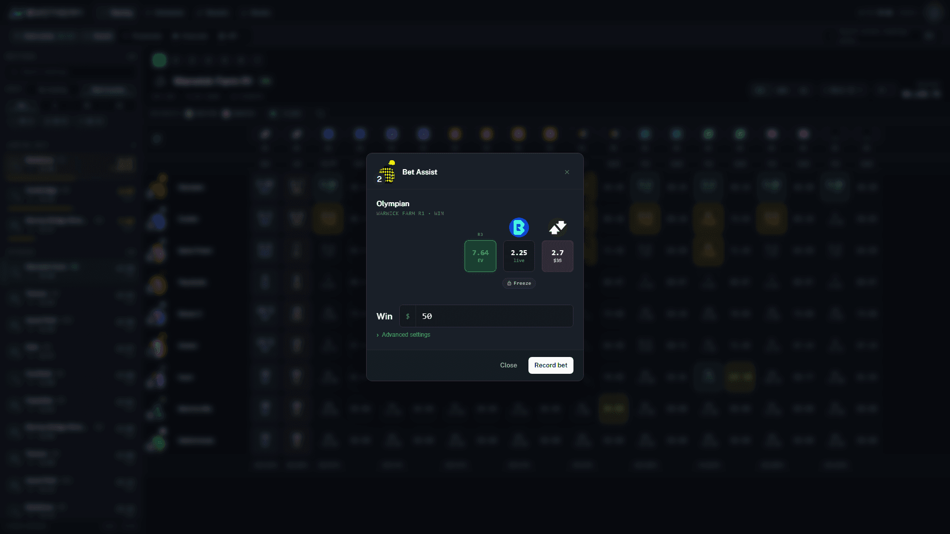 Bet Assist modal showing EV, live odds and boosted price