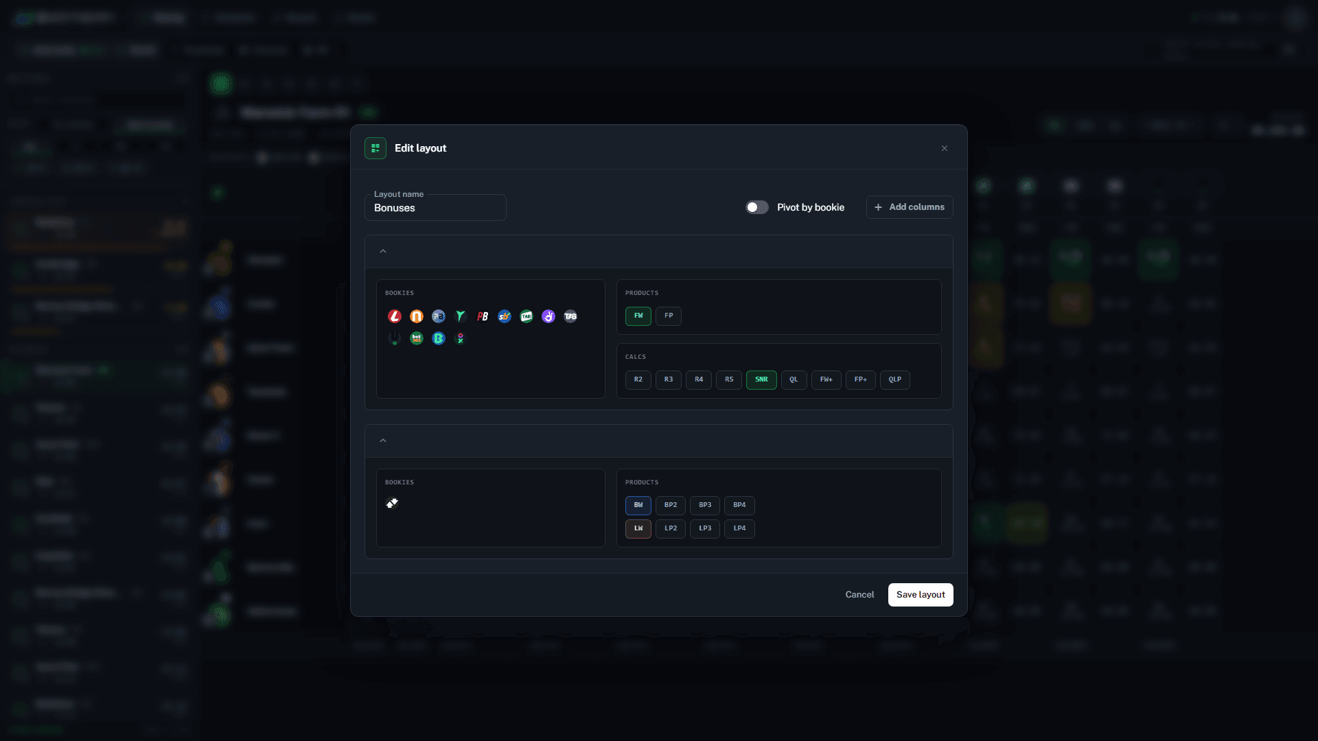 Edit layout modal letting users configure bookies, products and calcs