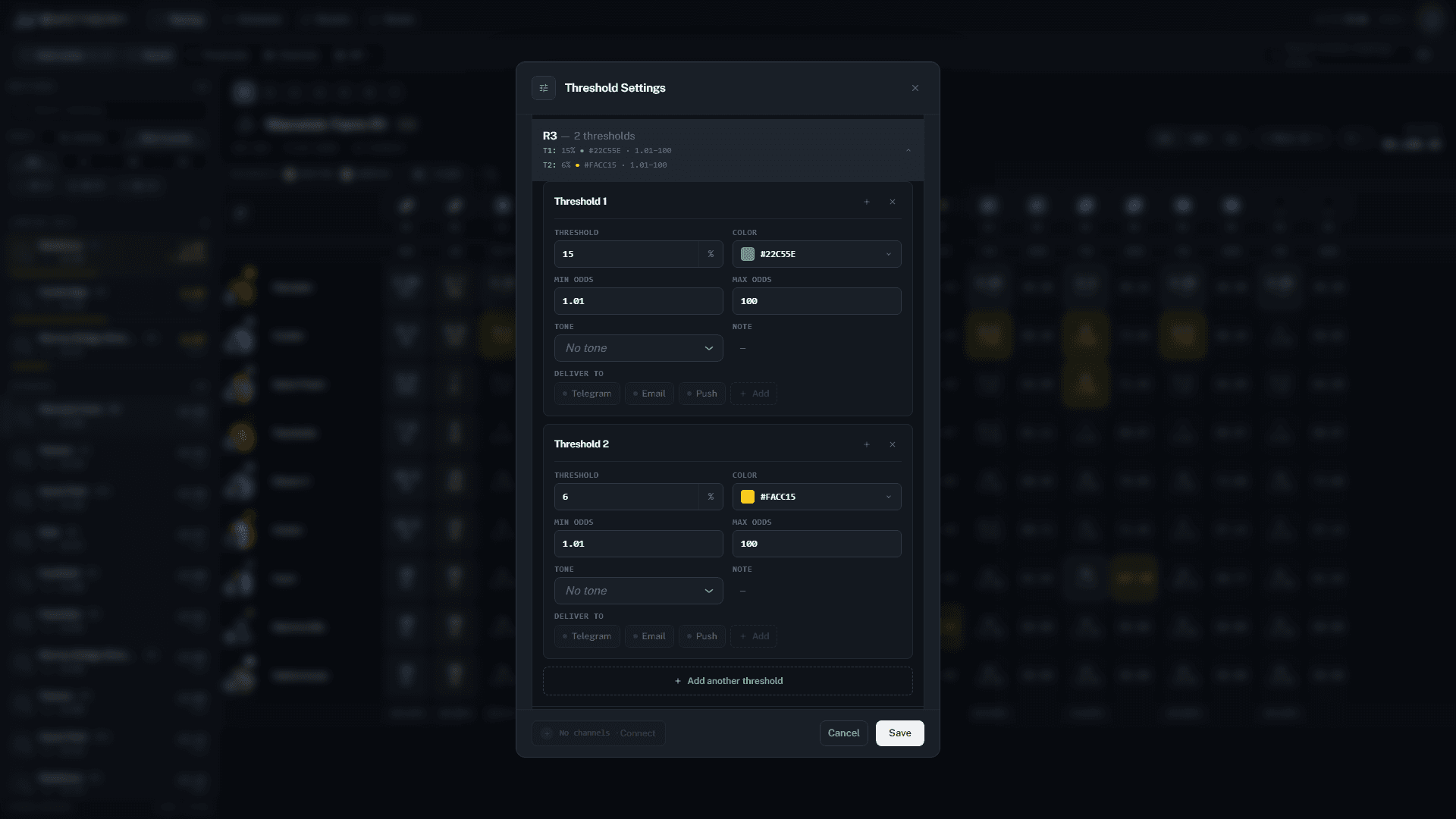 Threshold settings dialog with configured thresholds, colour codes and tone settings